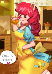 Size: 1000x1414 | Tagged: safe, artist:fay, pinkie pie, anthro, g4, ambiguous facial structure, apron, clothes, female, messy, pixiv, solo
