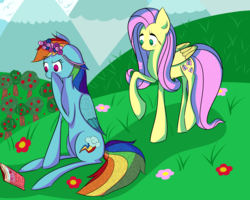 Size: 2500x2000 | Tagged: dead source, safe, artist:lillinettix, fluttershy, rainbow dash, g4, apple, book, floppy ears, floral head wreath, flower, heart, high res, orchard, raised eyebrow, raised hoof, sitting, smiling