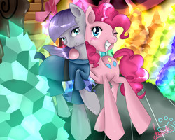 Size: 2000x1600 | Tagged: safe, artist:moeru789, maud pie, pinkie pie, g4, blushing, gem, hug, rock, smiling, stairs