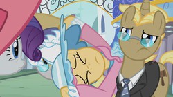 Size: 1280x720 | Tagged: safe, screencap, golden gavel, pish posh, rarity, silver frames, swan song, vance van vendington, pony, g4, sweet and elite, anxiety, bonnet, canterlot, clothes, drama queen, dress, eyes closed, frown, glasses, hat, pose, suit, wat