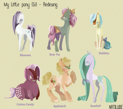 Size: 737x652 | Tagged: safe, artist:sanity-in-technicolor, applejack (g1), blossom, bow tie (g1), bubbles (g1), cotton candy (g1), seashell (g1), earth pony, pony, g1, bow, raised hoof, redesign, simple background, tail bow, yellow background