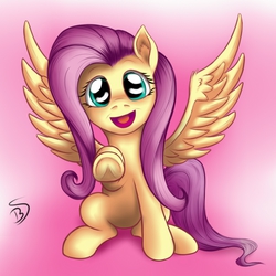 Size: 1000x1000 | Tagged: safe, artist:bluespaceling, fluttershy, g4, cute, female, looking at you, open mouth, pointing, shyabetes, sitting, smiling, solo, spread wings, underhoof