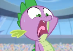 Size: 365x256 | Tagged: safe, screencap, spike, dragon, equestria games (episode), g4, equestria games, male, open mouth, out of context, solo, sweat, tongue out, wide eyes