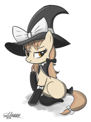 Size: 1024x1380 | Tagged: safe, artist:nevobaster, butterfly, pony, bedroom eyes, clothes, female, hat, kirisame marisa, mare, ponified, sitting, smirk, socks, solo, tail bow, touhou, witch hat
