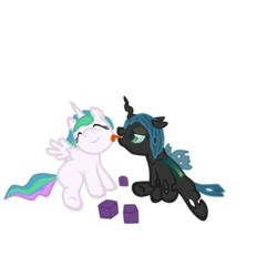 Size: 500x500 | Tagged: safe, artist:lemurkatta, princess celestia, queen chrysalis, alicorn, changeling, changeling queen, nymph, pony, g4, blocks, cute, cutealis, cutelestia, female, filly, foal, lesbian, licking, ship:chryslestia, shipping, simple background, transparent background, younger
