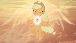 Size: 1920x1080 | Tagged: safe, artist:barrfind, artist:pageturner1988, edit, applejack, earth pony, pony, g4, cloud, cloudy, element of honesty, female, floating, hat, mare, sky, solo, vector, wallpaper, wallpaper edit, wings