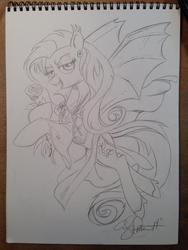 Size: 600x800 | Tagged: safe, artist:andy price, fluttershy, g4, cape, clothes, ear fluff, earring, female, flutterbat, locket, monochrome, pencil drawing, rose, shoes, solo, traditional art