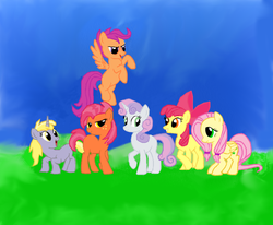 Size: 900x743 | Tagged: safe, artist:fonypan, apple bloom, babs seed, dinky hooves, scootaloo, sweetie belle, oc, oc:spring berry, g4, ms paint, next six