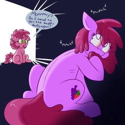Size: 675x675 | Tagged: safe, artist:skoon, berry punch, berryshine, ruby pinch, ask berry punch, g4, ask, caught, dark, dialogue, door, nom, open mouth, tumblr, wide eyes, worried
