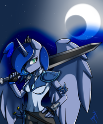 Size: 1500x1800 | Tagged: safe, artist:xonitum, princess luna, anthro, g4, female, looking at you, moon, solo, sword, warrior luna, weapon