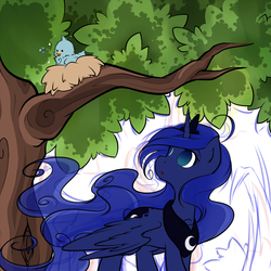 Size: 750x750 | Tagged: safe, artist:secret-pony, princess luna, bird, g4, black outlines, gradient eyes, looking back, looking up, no pupils, side view, tree, tree branch, wings, wings down