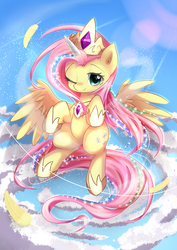 Size: 990x1400 | Tagged: safe, artist:aymint, fluttershy, pegasus, pony, g4, testing testing 1-2-3, blushing, clothes, costume, crown, cute, fake horn, feather, female, jewelry, mare, one eye closed, pixiv, regalia, shyabetes, shylestia, smiling, solo, wings, wink