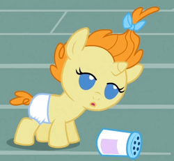 Size: 821x757 | Tagged: safe, screencap, pumpkin cake, baby cakes, g4, my little pony: friendship is magic, :o, baby, baby powder, cute, diaper, female, lidded eyes, looking down, solo, standing