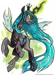 Size: 475x650 | Tagged: safe, artist:kenket, artist:spainfischer, queen chrysalis, changeling, changeling queen, pony, g4, crown, female, glowing, glowing horn, horn, jewelry, regalia, solo