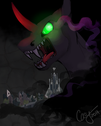 Size: 500x626 | Tagged: safe, artist:casynuf, king sombra, umbrum, g4, the crystal empire, crystal empire, crystal palace, curved horn, dark magic, fangs, horn, magic, male, sharp teeth, solo, sombra eyes, teeth