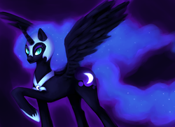 Size: 5300x3867 | Tagged: safe, artist:nomyriad, nightmare moon, alicorn, pony, g4, ethereal mane, female, helmet, horn, jewelry, looking at you, regalia, smiling, solo, spread wings, wings