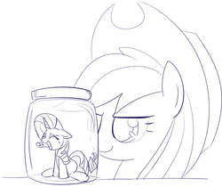 Size: 793x667 | Tagged: safe, artist:mcsadat, applejack, rarity, g4, crying, grayscale, jar, micro, monochrome, pony in a bottle, tiny ponies