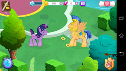 Size: 854x480 | Tagged: safe, gameloft, screencap, flash sentry, twilight sparkle, android, g4, exploitable meme, eyes closed, female, laughing, male, meme, ship:flashlight, shipping, spread wings, straight, talking, waifu thief