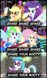 Size: 876x1451 | Tagged: safe, applejack, dj pon-3, fluttershy, rainbow dash, rarity, vinyl scratch, equestria girls, g4, my little pony equestria girls: rainbow rocks, shake your tail, balloon, dancing, decoration, disco, flower, guitar, kc & sunshine band, keytar, lyrics, musical instrument, parody, ponied up, shake your booty, singing, song reference, tambourine