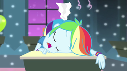 Size: 1920x1080 | Tagged: safe, screencap, rainbow dash, equestria girls, g4, my little pony equestria girls: rainbow rocks, shake your tail, cute, dashabetes, eyes closed, female, open mouth, paper airplane, sleeping, sleepydash, solo, tired