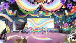 Size: 1920x1080 | Tagged: safe, screencap, applejack, fluttershy, pinkie pie, rainbow dash, rarity, twilight sparkle, equestria girls, g4, my little pony equestria girls: rainbow rocks, female, mane six, rainbow power, short, stage