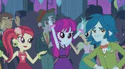 Size: 1366x762 | Tagged: safe, screencap, captain planet, mystery mint, rose heart, scott green, sweet leaf, teddy t. touchdown, tennis match, equestria girls, g4, my little pony equestria girls: rainbow rocks, shake your tail, background human, cute, dancing, fall formal outfits, female, happy, male, mysterybetes, offscreen character