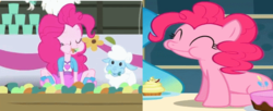 Size: 668x272 | Tagged: safe, screencap, pinkie pie, sheep, a bird in the hoof, equestria girls, g4, my little pony equestria girls: rainbow rocks, shake your tail, comparison, pinkie being pinkie