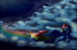 Size: 2550x1650 | Tagged: safe, artist:grennadder, rainbow dash, g4, cloud, cloudy, female, flying, large wings, long tail, looking back, mare, rainbow trail, solo, spread wings, tail, turned head, unshorn fetlocks, wings