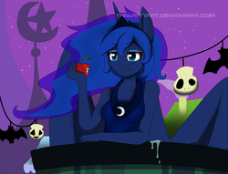 Size: 1700x1300 | Tagged: safe, artist:thekattyart, princess luna, anthro, g4, luna eclipsed, my little pony: friendship is magic, apple, female, scene interpretation, solo