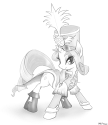 Size: 928x1072 | Tagged: safe, artist:mlpanon, rarity, pony, unicorn, g4, ancient wonderbolts uniform, boots, clothes, costume, female, grayscale, hat, mare, monochrome, sgt. rarity, shako, shoes, simple background, solo, tail, tail hole, uniform, white background