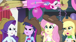 Size: 1023x572 | Tagged: safe, screencap, applejack, fluttershy, pinkie pie, rarity, twilight sparkle, equestria girls, g4, my little pony equestria girls: rainbow rocks, shake your tail, boots, cowboy boots, cowboy hat, female, great moments in animation, hat, shoes, stetson