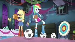 Size: 1920x1080 | Tagged: safe, screencap, applejack, rainbow dash, equestria girls, g4, my little pony equestria girls: rainbow rocks, shake your tail, balloon, basketball, female, football, target, whistle