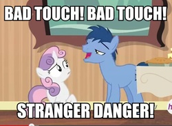 Size: 479x352 | Tagged: safe, edit, edited screencap, screencap, blues, noteworthy, sweetie belle, earth pony, pony, unicorn, for whom the sweetie belle toils, g4, caption, flirting, foodfight!, image macro, jontron, jontron thread, male, meme, out of context, stallion