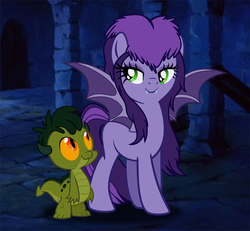 Size: 811x750 | Tagged: safe, artist:voodoo-tiki, bat pony, pony, vampire, baby dragon, matches, ponified, scooby-doo and the ghoul school, scooby-doo!, sibella