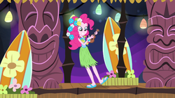 Size: 1440x810 | Tagged: safe, screencap, pinkie pie, equestria girls, g4, my little pony equestria girls: rainbow rocks, shake your tail, clothes, feet, female, grass skirt, hula, hulapie, lei, musical instrument, sandals, skirt, solo, ukulele