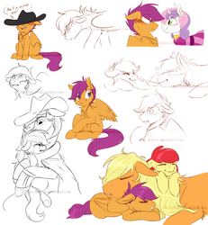 Size: 1200x1300 | Tagged: safe, artist:the-chibster, apple bloom, applejack, scootaloo, sweetie belle, earth pony, pegasus, pony, unicorn, g4, blushing, crying, cute, daaaaaaaaaaaw, female, hug, hunterjack, lesbian, pile, scootalove, ship:scootabelle, shipping