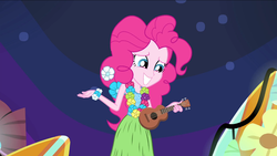 Size: 1440x810 | Tagged: safe, screencap, pinkie pie, equestria girls, g4, my little pony equestria girls: rainbow rocks, shake your tail, clothes, female, grass skirt, hula, hulapie, lei, musical instrument, skirt, solo, ukulele