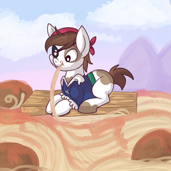 Size: 600x600 | Tagged: safe, artist:lulubell, pipsqueak, earth pony, g4, colt, foal, food, male, pipsqueak eating spaghetti, raft, solo, spaghetti