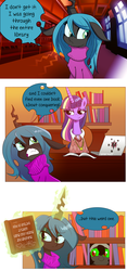 Size: 1280x2724 | Tagged: safe, artist:jokerpony, king sombra, queen chrysalis, twilight sparkle, alicorn, pony, ask teen chrysalis, g4, book, clothes, comic, female, library, magic, mare, sweater, telekinesis, tumblr, turtleneck, twilight sparkle (alicorn)