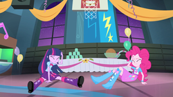 Size: 1440x810 | Tagged: safe, screencap, pinkie pie, twilight sparkle, equestria girls, g4, my little pony equestria girls: rainbow rocks, balloon, basketball, boots, bracelet, clothes, cup, flower, high heel boots, jewelry, punch (drink), punch bowl, skirt, table