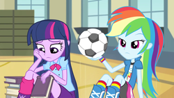 Size: 1440x810 | Tagged: safe, screencap, rainbow dash, twilight sparkle, equestria girls, g4, my little pony equestria girls: rainbow rocks, female, football