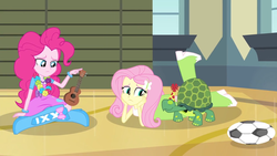 Size: 1440x810 | Tagged: safe, screencap, fluttershy, pinkie pie, turtle, equestria girls, g4, my little pony equestria girls: rainbow rocks, apc, balloon, boots, female, flower, football, hat, high heel boots, musical instrument, party hat, ukulele