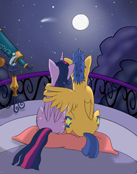 Size: 1100x1400 | Tagged: safe, artist:skorpine10, flash sentry, twilight sparkle, alicorn, pony, g4, back, balcony, behind, female, male, mare, moon, night, ship:flashlight, shipping, sitting, straight, twilight sparkle (alicorn), winghug