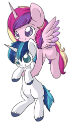 Size: 570x1000 | Tagged: safe, artist:rue-willings, princess cadance, shining armor, g4, belly button, blank flank, carrying, female, flying, husbandhorse, male, mare, missing accessory, simple background, smiling, spread wings, stallion, transparent background, unshorn fetlocks, vector, wifehorse