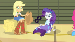 Size: 1440x810 | Tagged: safe, screencap, applejack, pinkie pie, rarity, equestria girls, g4, my little pony equestria girls, my little pony equestria girls: rainbow rocks, shake your tail, boots, bracelet, clothes, cowboy boots, cowboy hat, hat, hay bale, high heel boots, jewelry, mask, skirt