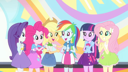 Size: 1440x810 | Tagged: safe, screencap, applejack, fluttershy, pinkie pie, rainbow dash, rarity, twilight sparkle, equestria girls, g4, my little pony equestria girls: rainbow rocks, female, mane six