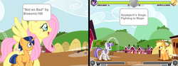 Size: 1290x480 | Tagged: safe, artist:biosonic100, artist:mane6dev, applejack, fluttershy, twilight sparkle, twilight velvet, oc, oc:event horizon, fighting is magic, g4, art theft, comparison, offspring, parent:flash sentry, parent:twilight sparkle, parents:flashlight, sweet apple acres