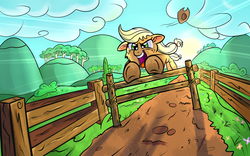 Size: 4000x2497 | Tagged: safe, artist:discorded, applejack, g4, action pose, backlighting, epic, female, fence, jumping, solo