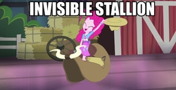 Size: 944x484 | Tagged: safe, edit, screencap, pinkie pie, equestria girls, g4, my little pony equestria girls: rainbow rocks, female, image macro, invisible stallion, meme, saddle, solo