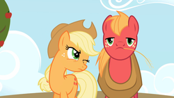 Size: 1365x768 | Tagged: safe, screencap, applejack, big macintosh, earth pony, pony, applebuck season, g4, my little pony: friendship is magic, male, stallion